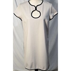 Vintage 90s Shift Dress Keyhole Beige Black Contrast Trim Short Sleeve